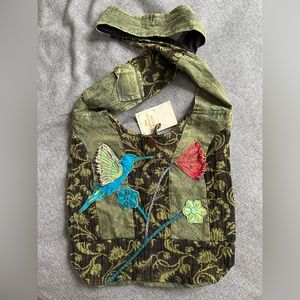 Cotton Hobo Bag with Hummingbird Applique, NWT